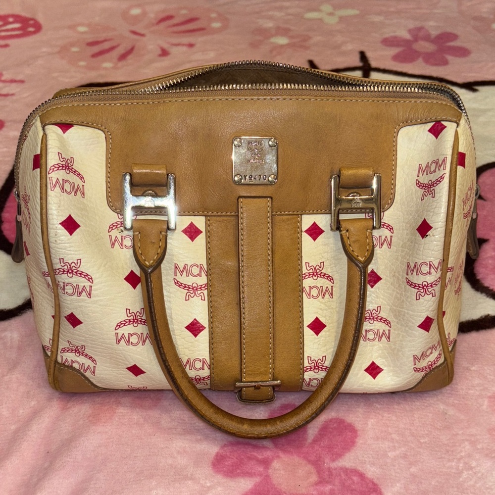 MCM Camel Satchel with Hot Pink Accents